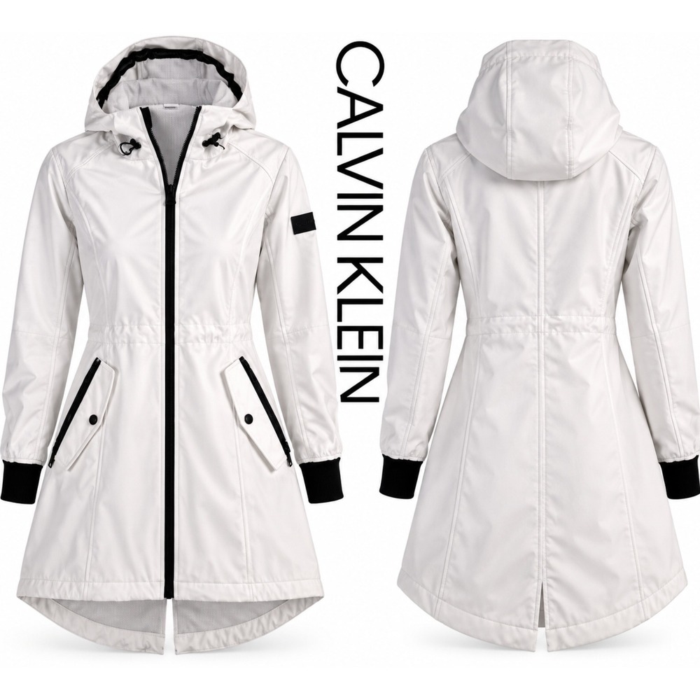 Calvin Klein Women's M White Softshell Hooded Parka Full Zip Mid Length Coat